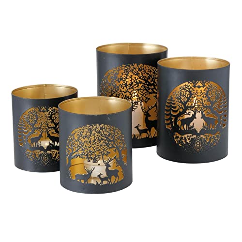 4er Set Metall Leuchter Laterne Kerzenleuchter Windlicht mit gestanztem Motiv Wald mit Hirschen Gold schwarz von CasaJame