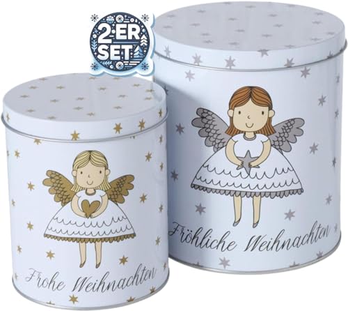 CasaJame 2er Set Metall Keksdose Plätzchendose weiß mit Engel Fröhliche Frohe Weihnachten goldene silberne Sterne sortiert H13-16cm CasaJame 2er Set Metall Keksdose Plätzchendose weiß mit Engel Fröhliche Frohe Weihnachten goldene silberne Sterne sortiert H13-16cm von CasaJame