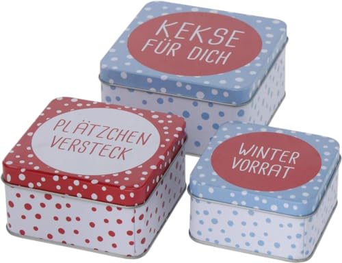 CasaJame 3er Set Metall Keksdose Plätzchendose eckig hellblau rot weiß Kekse für Dich, Plätzchenversteck, Winter Vorrat sortiert 9-12cm von CasaJame