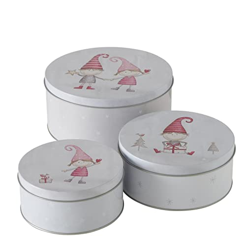 CasaJame 3er Set Metall Keksdose Plätzchendose rund Wichtel Kinder Weiß-Grau H6-9cm von CasaJame