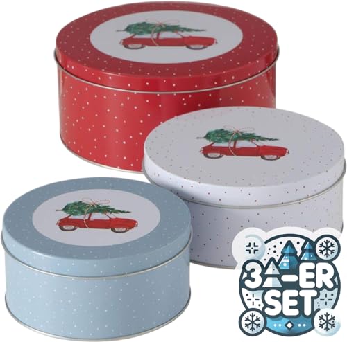 CasaJame 3er Set Metall Keksdose Plätzchendose rund blau rot weiß Auto mit Weihnachtsbaum Sortiert H6-9cm CasaJame 3er Set Metall Keksdose Plätzchendose rund blau rot weiß Auto mit Weihnachtsbaum Sortiert H6-9cm von CasaJame