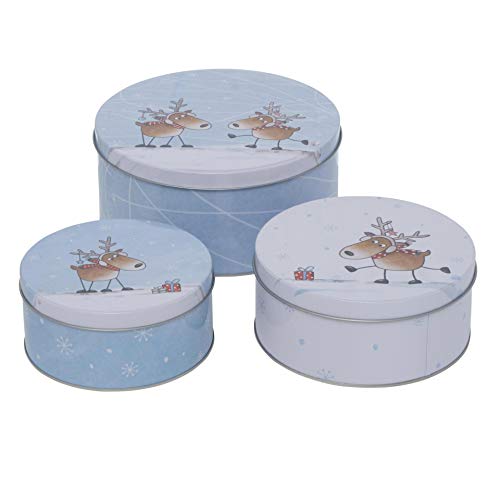 CasaJame 3er Set Metall Keksdose Plätzchendose rund blau weiß Elche Sortiert H6-9cm von CasaJame