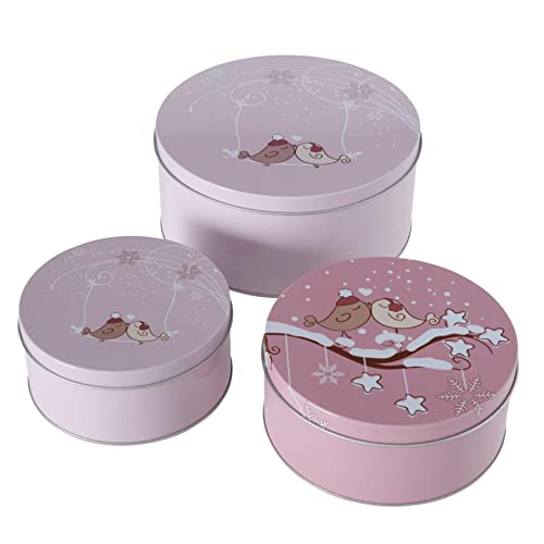 CasaJame 3er Set Metall Keksdose Plätzchendose rund rosa verliebte Wintervögel sortiert H6-9cm von CasaJame