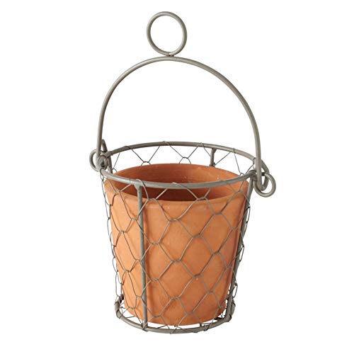 CasaJame Pflanztopf aus Ton im Drahtkorb zum Hängen 12x12cm von CasaJame