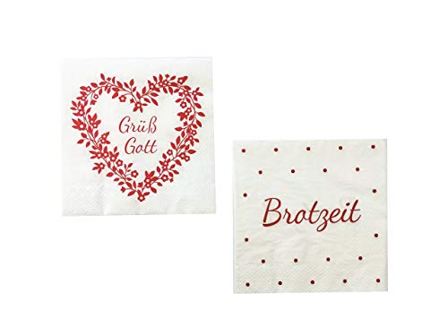 CasaJame Servietten (2er Set / 40Stück) 3-lagig 33x33cm rot weiß mit Spruch Brotzeit/Grüß Gott von CasaJame