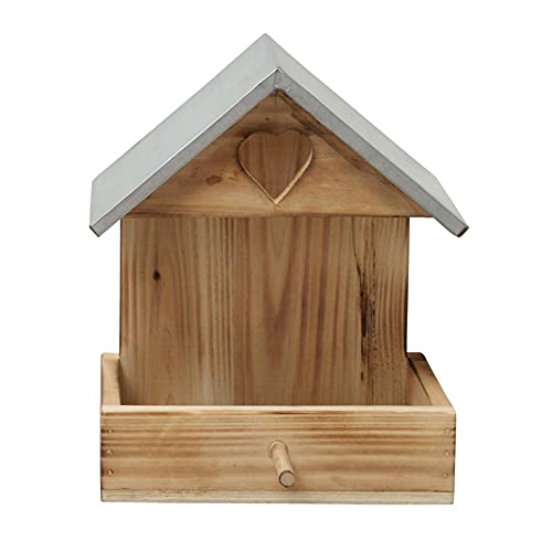 Holz Vogelhaus für Balkon und Garten, Futterstation, Haus für Vögel, Vogelhäuschen, Futterhaus braun mit Zink Dach und Herz 14x16x20cm von CasaJame