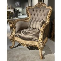 Casa Padrino Luxus Barock Wohnzimmer Sessel Grau/Naturfarben Gold - Handgefertigt von CasaPadrino