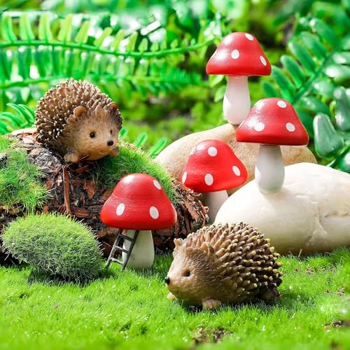 CasaTena Harz Feengarten Zubehör 6-teiligen Set - 2 Igel und 4 Pilze Gartendeko Miniatur Garten Deko - Miniaturen Deko Figuren von CasaTena