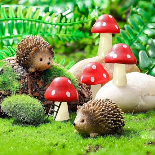 CasaTena Harz Feengarten Zubehör 6-teiligen Set - 2 Igel und 4 Pilze Gartendeko Miniatur Garten Deko - Miniaturen Deko Figuren von CasaTena