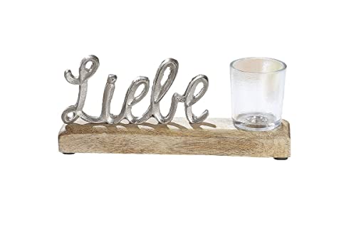 Casablanca GmbH & Co.KG Alu Mangoholz Teelichthalter Liebe 22,5 cm Schriftzug Love mit Glas Aufsteller von GILDE