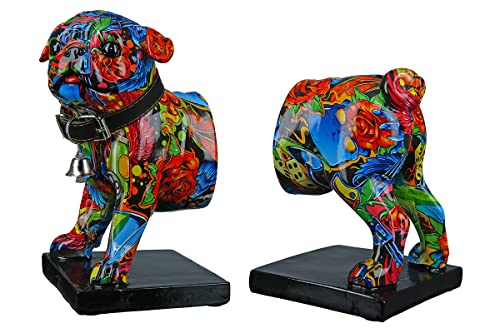 Casablanca Deko 1 Paar Buchstützen CD Ständer - Tierfigur Mops Hundefigur mit Halsband Glocke - Design: Street Art Graffiti Rosen - Mehrfarbig Gesamtlänge 22,5 cm von Casablanca modernes Design