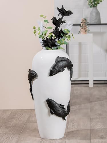 Casablanca Deko Vase groß Bodenvase - Vase XXL mit Koi Fischmotiv - Blumenvase aus Kunstharz - Dekoration Wohnzimmer Farbe: Weiß Schwarz Höhe 73 cm von Casablanca modernes Design