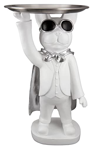 Casablanca Deko Figur Skulptur aus Kunstharz - Tierfigur Hund französiche Bulldogge mit Tablett weiß Silber - Geschenk Tisch Dekoration Wohnzimmer Schlüsselablage Höhe 31 cm von Casablanca modernes Design
