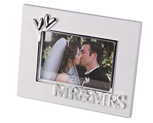 Casablanca - Fotorahmen MR&MRS aus MDF - weiß mit Metallverzierungen in Herzform und Schriftzug MR&MRS Format 10 x 15 cm zum Stellen von Casablanca