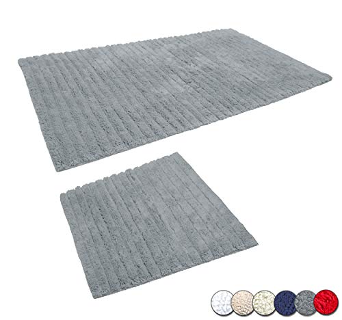 Casalanas | Modell Levante | rutschfestes Badteppich Set | Badvorleger | Badematte aus 100% Natur-Baumwolle | Badezimmergarnitur 2-teilig (60x60cm + 100x60cm) | Badezimmerteppich in Farbe Grau von Casalanas