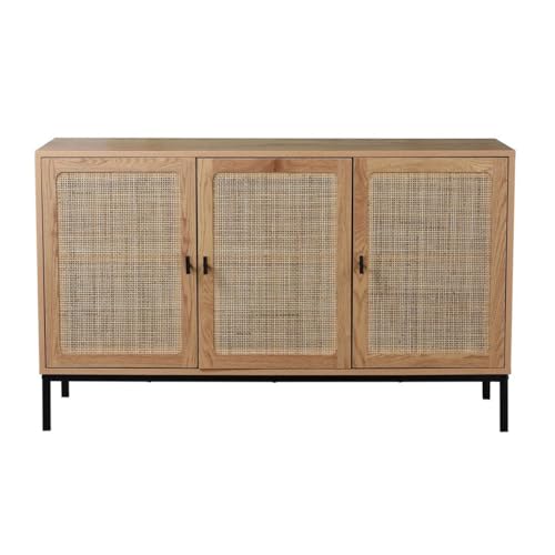 CALICOSY - Sideboard 3 Türen Rattangeflecht - Eichenholzoptik - Spanplatten - Schwarze Metallgriffe - Aufbewahrungsmöbel für Wohnzimmer, Schlafzimmer, Wohnzimmer - B 120 x T 40 x H 72 cm von Casâme