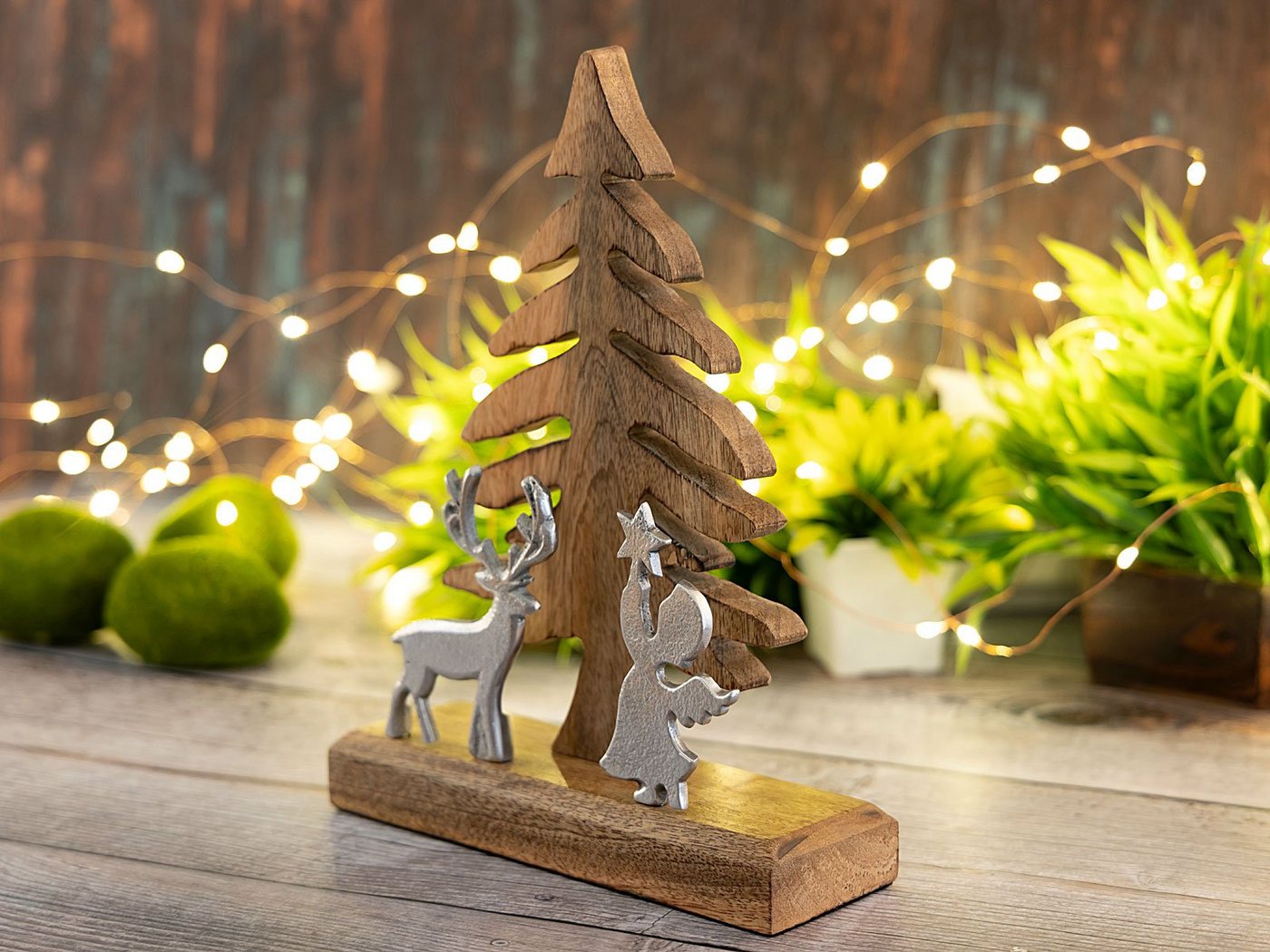 Casamia Dekofigur Dekofigur Weihnachtsbaum Hirsch u. Engel 20x27cm Mangoholz Aluminium von Casamia