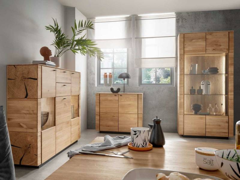 Casamia Esszimmer-Set Esszimmer Set 3-tlg. Massivholz Aversa Sideboard Highboard Vitrine von Casamia