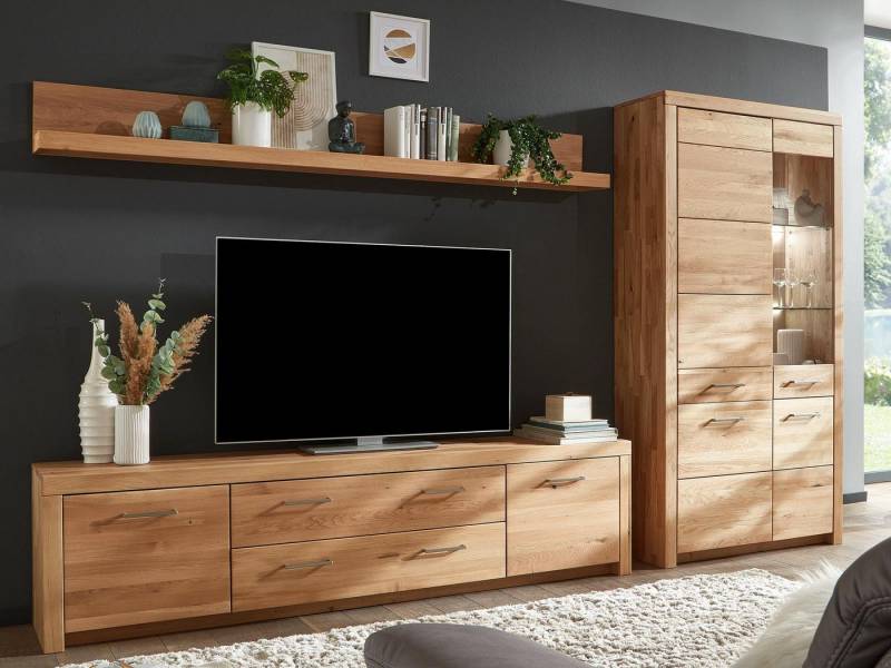 Casamia Wohnwand Wohnwand Massivholz 330x204cm Vitrine Lowboard Wandbord Faro Wildeiche von Casamia