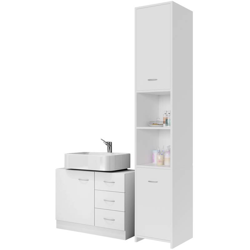 Badmöbel-Set Neapel 2-tlg Weiß Hoch- & Unterschrank von Casaria®