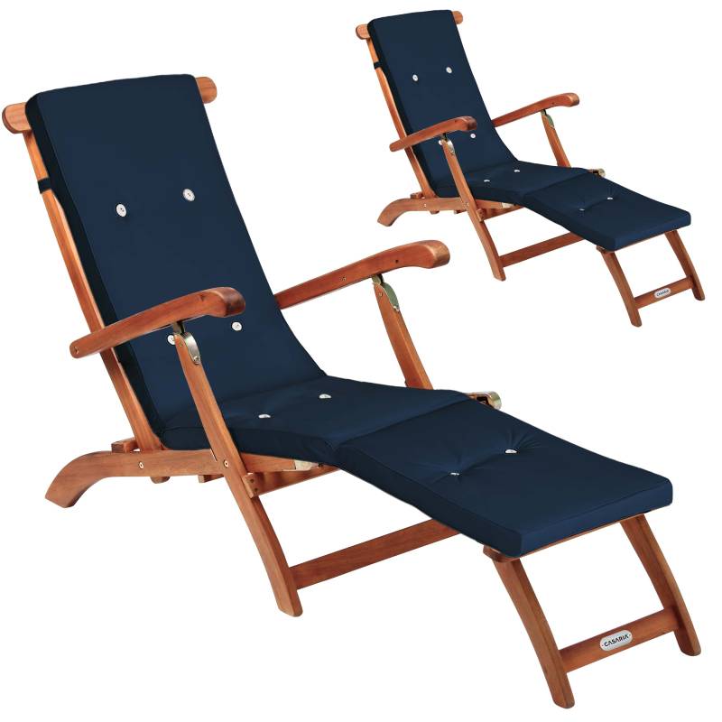 Gartenliege Queen Mary® 2er-Set Akazie FSC®-zertifiziert inkl Auflage Blau von Casaria®