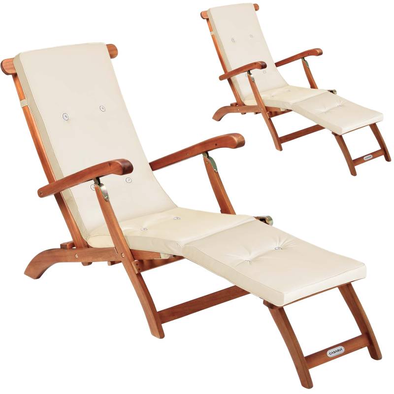 Gartenliege Queen Mary® 2er-Set Akazie FSC®-zertifiziert inkl Auflage Creme von Casaria®