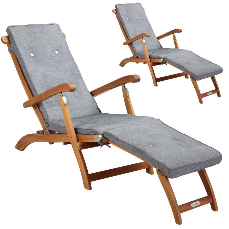 Gartenliege Queen Mary® 2er-Set Akazie FSC®-zertifiziert inkl Auflage Grau meliert von Casaria®