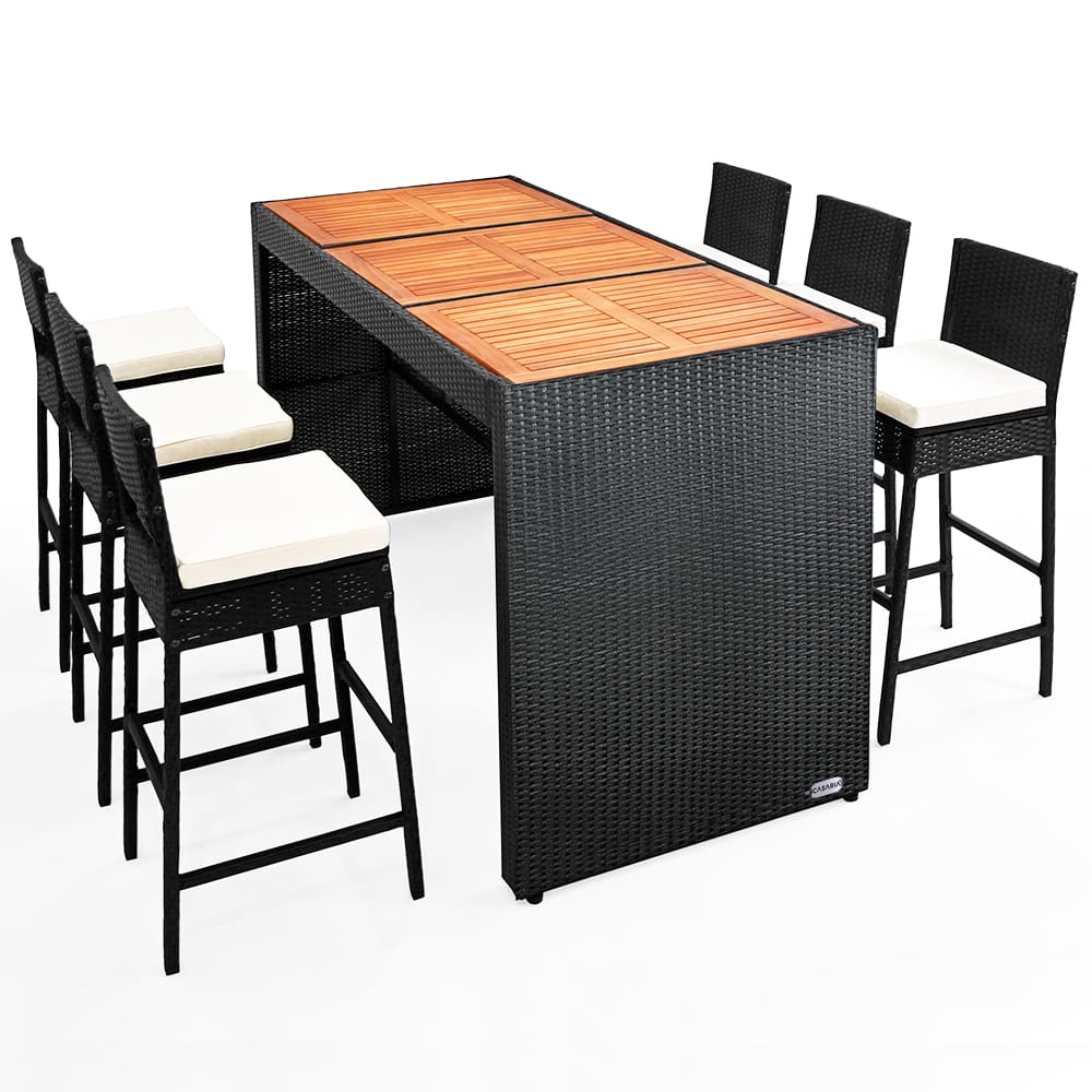 Polyrattan Bar-Set 7-tlg. Akazienholz inkl. Sitzauflagen von Casaria®