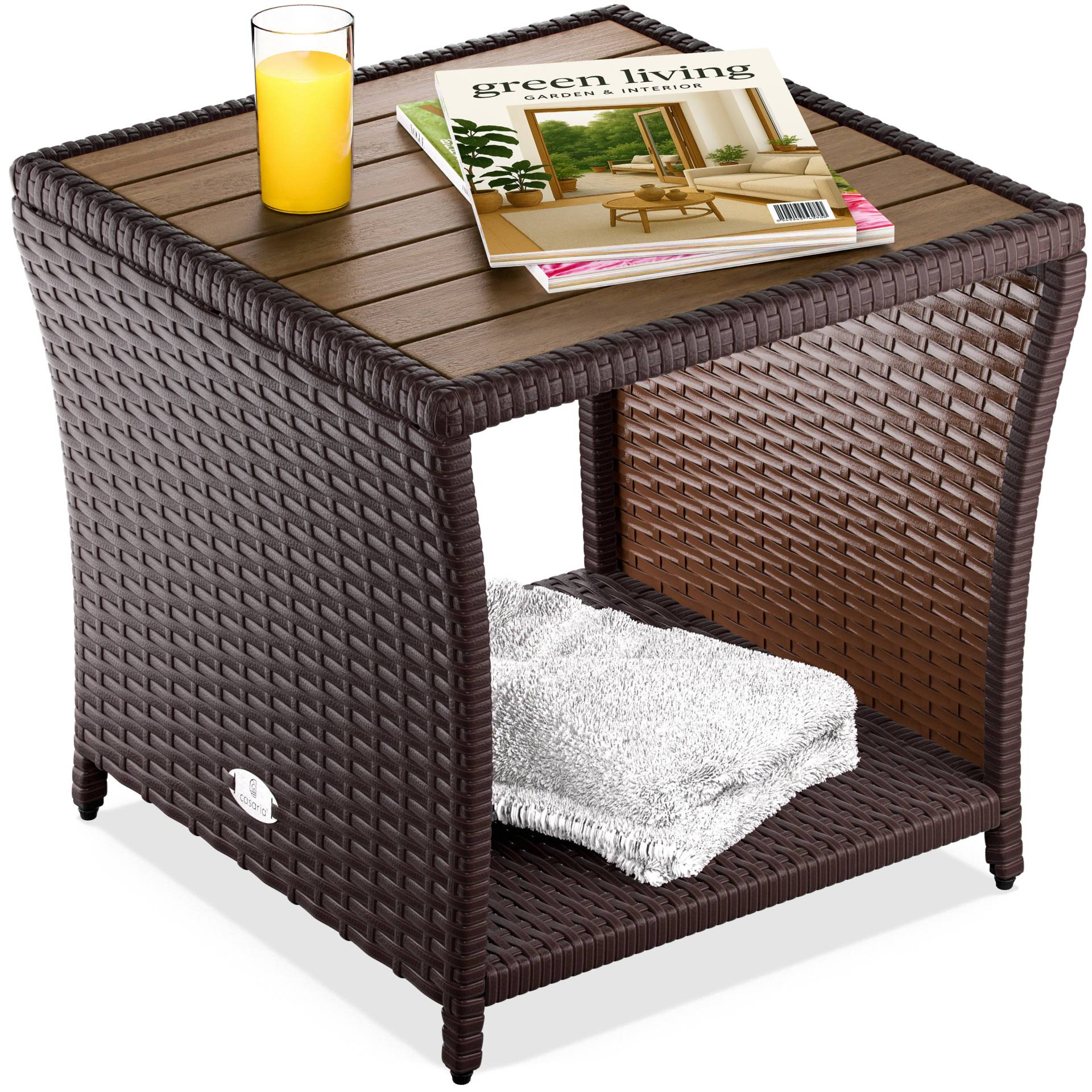 Polyrattan Beistelltisch Braun 40x45x45cm Akazienholz von Casaria®