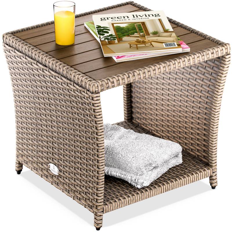 Polyrattan Beistelltisch Creme 40x45x45cm Akazienholz von Casaria®