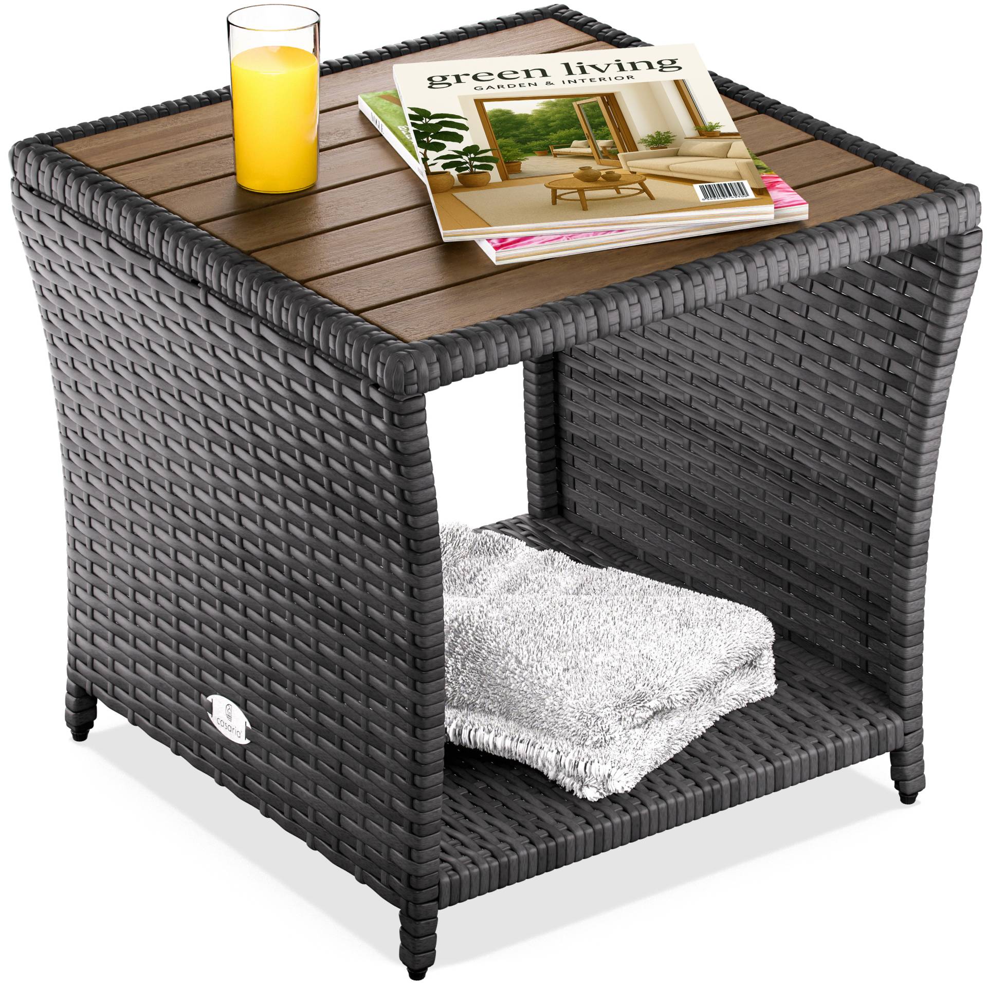 Polyrattan Beistelltisch Grau 40x45x45cm Akazienholz von Casaria®
