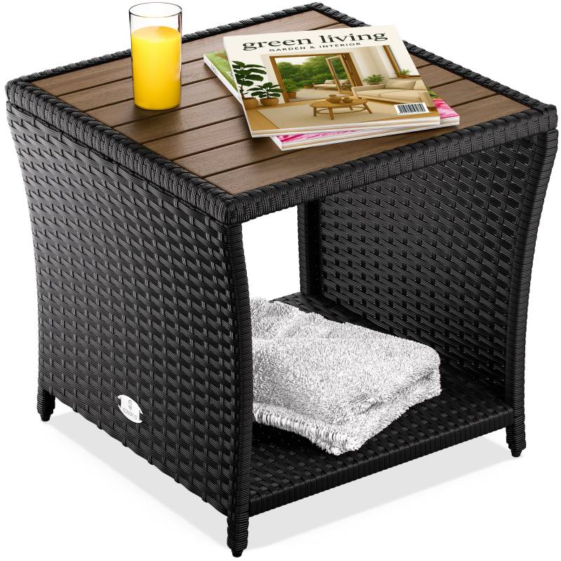 Polyrattan Beistelltisch Schwarz 40x45x45cm Akazienholz von Casaria®