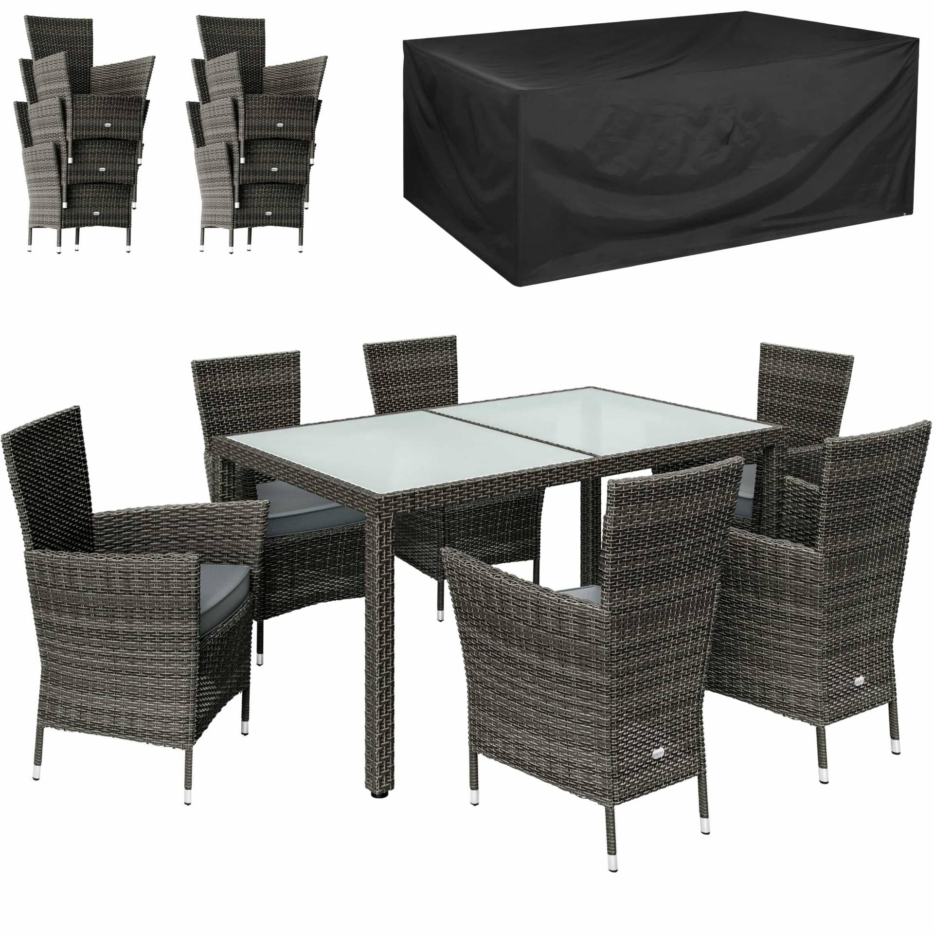 Polyrattan Garten-Sitzgruppe 7-tlg Grau/Anthrazit + Abdeckplane von Casaria®