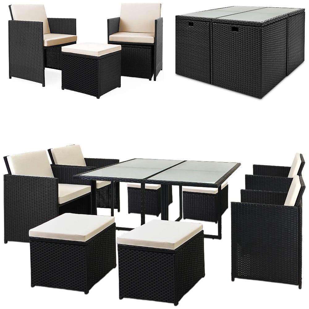 Polyrattan Garten-Sitzgruppe 9-tlg. Schwarz/Creme von Casaria®