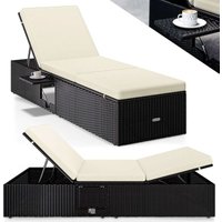 Sonnenliege mit Klapptisch Wetterfest 7cm Auflagen Gartenliegen 160kg Belastbar 7-fach Verstellbar Liegestuhl Polyrattan 200x58cm Schwarz Creme von Casaria