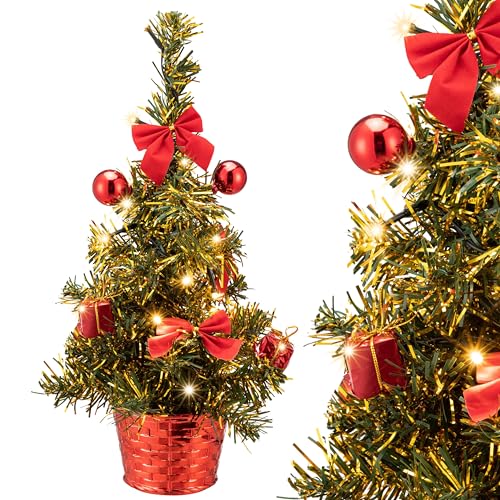 CASARIA® Weihnachtsbaum künstlich 36cm Klein Tisch geschmückt mit Beleuchtung LED Lichterkette Timer Topf schwer entflammbar Deko grün mini Tannenbaum von Casaria
