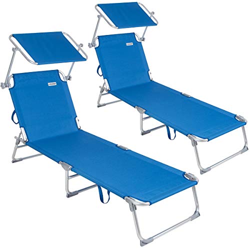 Casaria® Sonnenliege Ibiza 2er Set Klappbar Wetterfest Garten Outdoor Gartenliege Liegestuhl Klappliege mit Dach 150kg Belastbar 190x59cm Alu Blau von Casaria