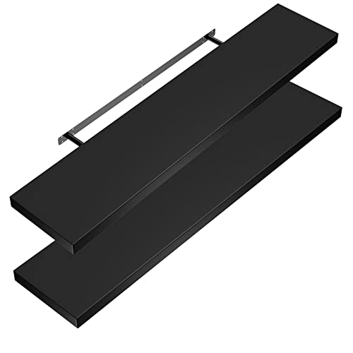 Casaria® 2X Wandregal Holz Schwarz Hängeregal mit Halterung 15kg Tragkraft Küche Wohnzimmer Flur Regal Schweberegal Bücherregal Holzregal Matt 90cm von Casaria