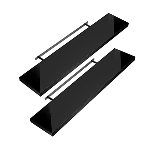 Casaria® 2X Wandregal Holz Schwarz Hängeregal mit Halterung 15kg Tragkraft Küche Wohnzimmer Flur Schweberegal Bücherregal Schwebend Hochglanz 50cm von Casaria