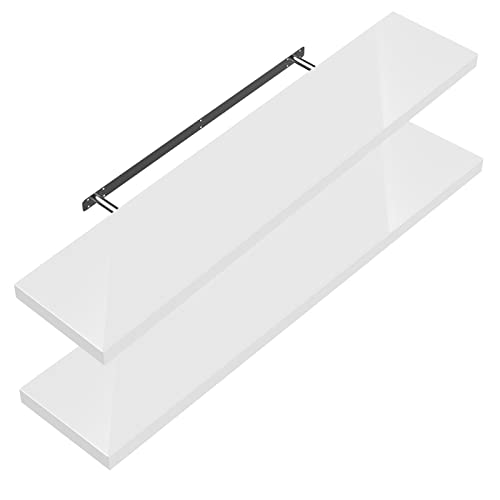 Casaria® 2X Wandregal Holz Weiß Hängeregal mit Halterung 15kg Tragkraft Küche Wohnzimmer Schweberegal Bücherregal Regalbrett Schwebend Hochglanz 90cm von Casaria