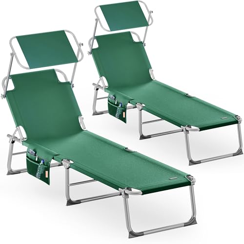 Casaria® 2er Set Sonnenliege Klappbar Wetterfest Gartenliege Mit Dach Aluminium Seitentasche Tragegriff bis 150kg 2 Personen Liegestuhl Leicht Grün von Casaria