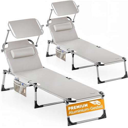 Casaria® 2er Set Sonnenliege Klappbar Aluminium Wetterfest Gartenliege mit Sonnendach Seitentasche Kissen bis 180 kg Garten Liegestuhl Leicht Creme von Casaria