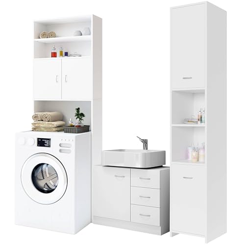 Casaria® Badmöbel Set 3-TLG Waschbeckenunterschrank mit 3 Schubladen Badezimmerhochschrank Waschmaschinenschrank Badezimmer Stehend Holz Weiß Matt von Casaria