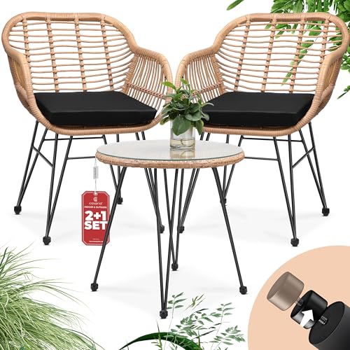 Casaria® Balkonset 3 teilig 5cm Auflagen Wetterfest 5mm Sicherheitsglasplatte Höhenverstellbar Rattan Look Outdoor Terrasse Balkon Gartenmöbel Korbsessel von Casaria