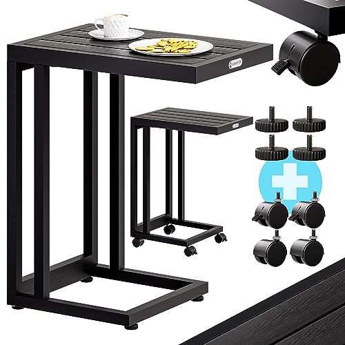 Casaria® Beistelltisch C-Form 50x40x66cm Metall WPC Tischplatte 25kg Belastbarkeit mit Rollen Wetterfest Outdoor Gartentisch Balkontisch Tisch Schwarz von Casaria