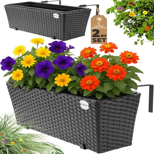 Casaria® Blumenkasten 2er Set 11 Liter Montagehalterung Indoor Outdoor Geländerkasten Balkonkasten Pflanzkasten schwarz von Casaria