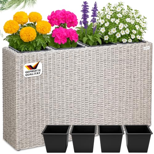 Casaria® Blumenkasten 4 Innentöpfe Polyrattan Herausnehmbar Wasserablauf Outdoor Rechteckig Pflanzkasten Blumentopf Hochbeet Pflanzkübel Creme von Casaria