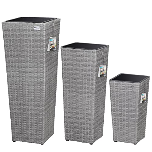 Casaria® Blumentopf 3er Set Polyrattangeflecht Übertopf Wasserabfluss Rattanoptik Outdoor Pflanzkübel Blumenkasten Grau von Casaria