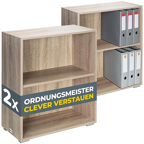 Casaria® Bücherregal 77x60x28cm 2X Eiche Holz 2 Fächer Boden Höhenverstellbar 150kg Belastbarkeit Kippschutz Bücher Büro Wohnzimmer Standregal Regal von Casaria