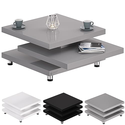 Casaria® Couchtisch New York 72x72cm Wohnzimmertisch Grau Hochglanz Design Modern 360° drehbare Tischplatte höhenverstellbare Füße MDF Sofatisch Cube von Casaria